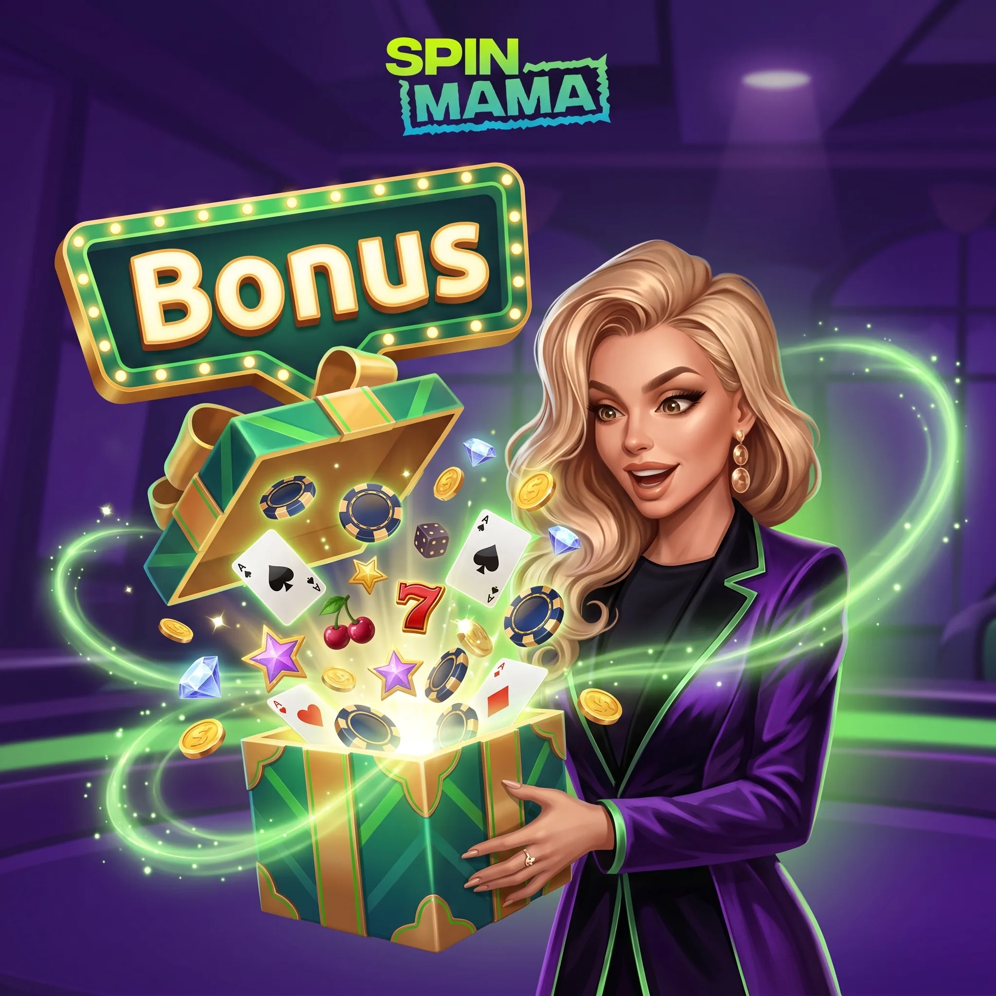 Illustration du bonus SpinMama, avec son univers de casino et ses éléments de jeu.